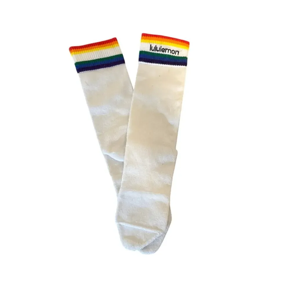 Lululemon Daily Stride White Rainbow Crew Socks Size Medium Women's 7-9 Mens 5-7